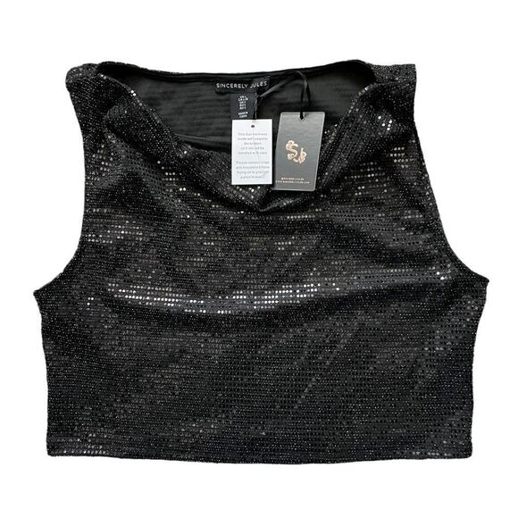 NWT SINCERELY JULES Sequin Sleeveless Crop Top Black Size Large - Picture 1 of 4